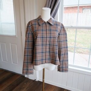 Pendleton Womens Plaid Shacket 16 Petite Beige Navy 100% Virgin Wool Zip Jacket